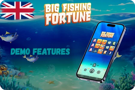 Big Fishing Fortune Demo Features — slot gameplay on mobile with UK flag